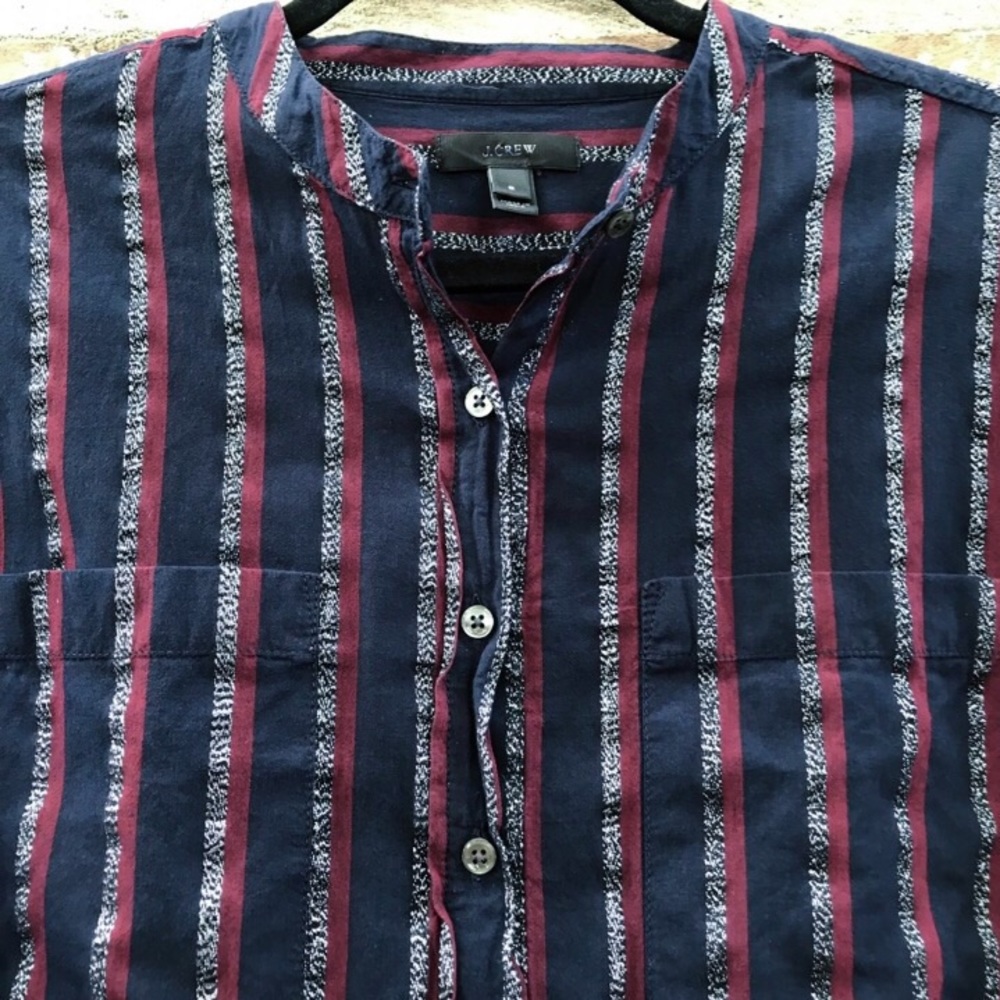 J. Crew Top Navy Metallic Stripe Popover Tunic 1/2 Button Shirt Long Sleeve - Picture 5 of 8
